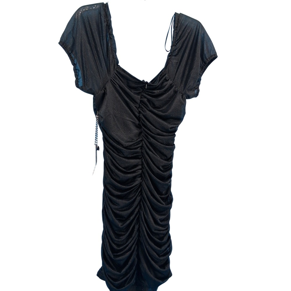 Story On Mini Dress Womens Medium Black Shimmer Ruched Bodycon V-Neck Party Glam